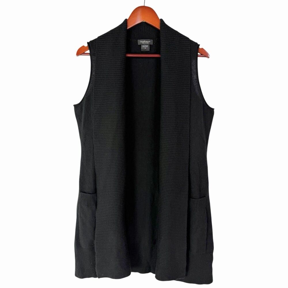 Lord & Taylor 100% Cashmere Open Front Sweater Vest Women’s M Black Longline